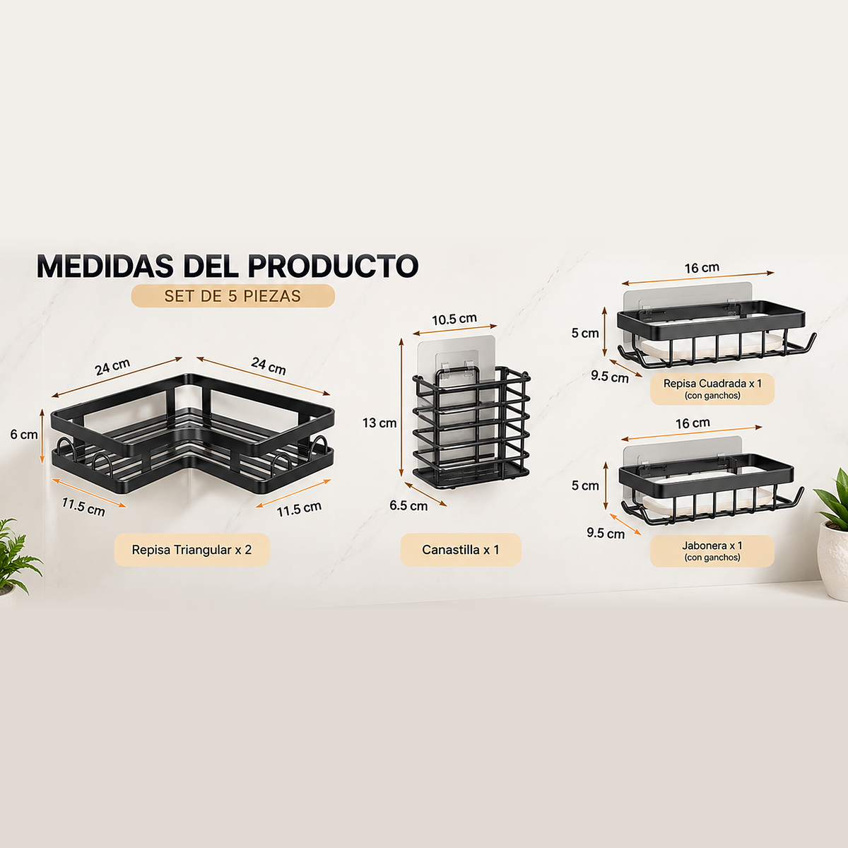 Set x 5 Repisas Organizadoras De Ducha De Metal Resistente
