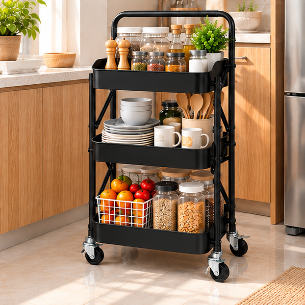 Carrito Organizador De Cocina Con 4 Niveles y Canastas De Acero