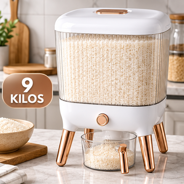 Contenedor Hermético Dispensador De Arroz De 9 Kg Modelo Premium Dorado