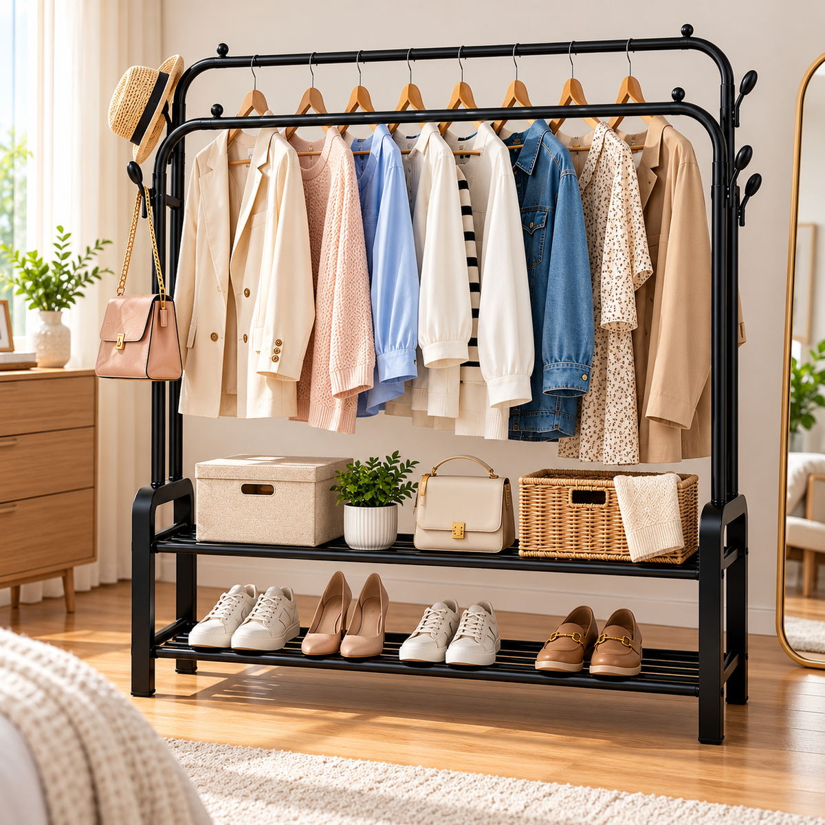 Estante Organizador De Ropa De Acero 3 Niveles - Negro