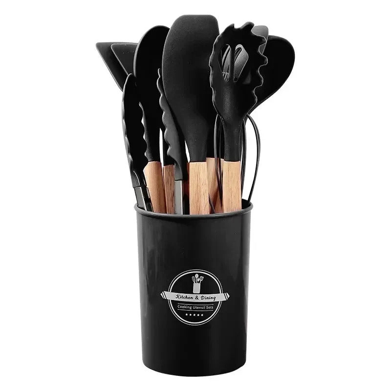 Set De 12 Utensilios De Cocina De Silicona – color Negro