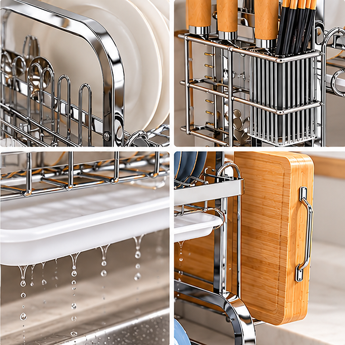 Escurridor de Platos Multifuncional de 2 Niveles de Acero Inoxidable
