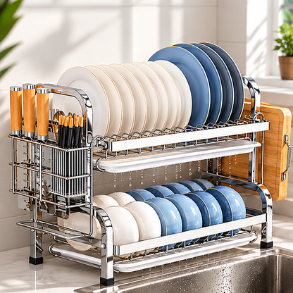 Escurridor de Platos Multifuncional de 2 Niveles de Acero Inoxidable