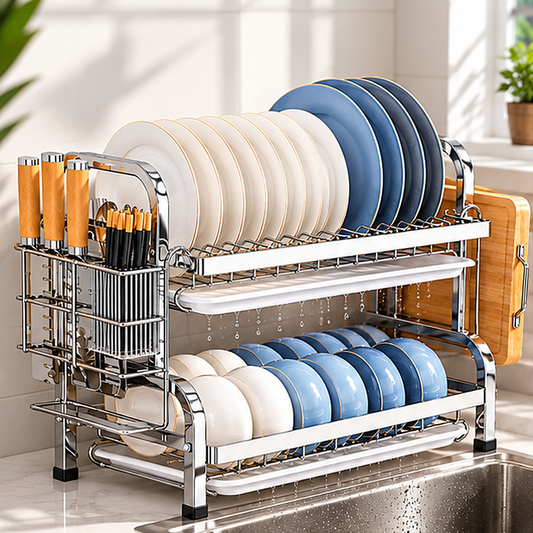 Escurridor de Platos Multifuncional de 2 Niveles de Acero Inoxidable