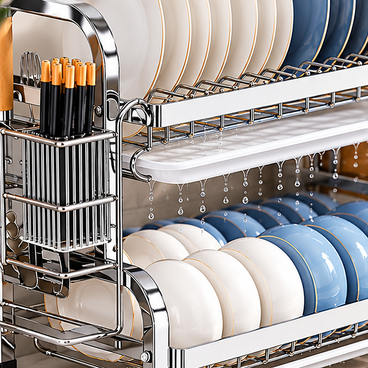 Escurridor de Platos Multifuncional de 2 Niveles de Acero Inoxidable