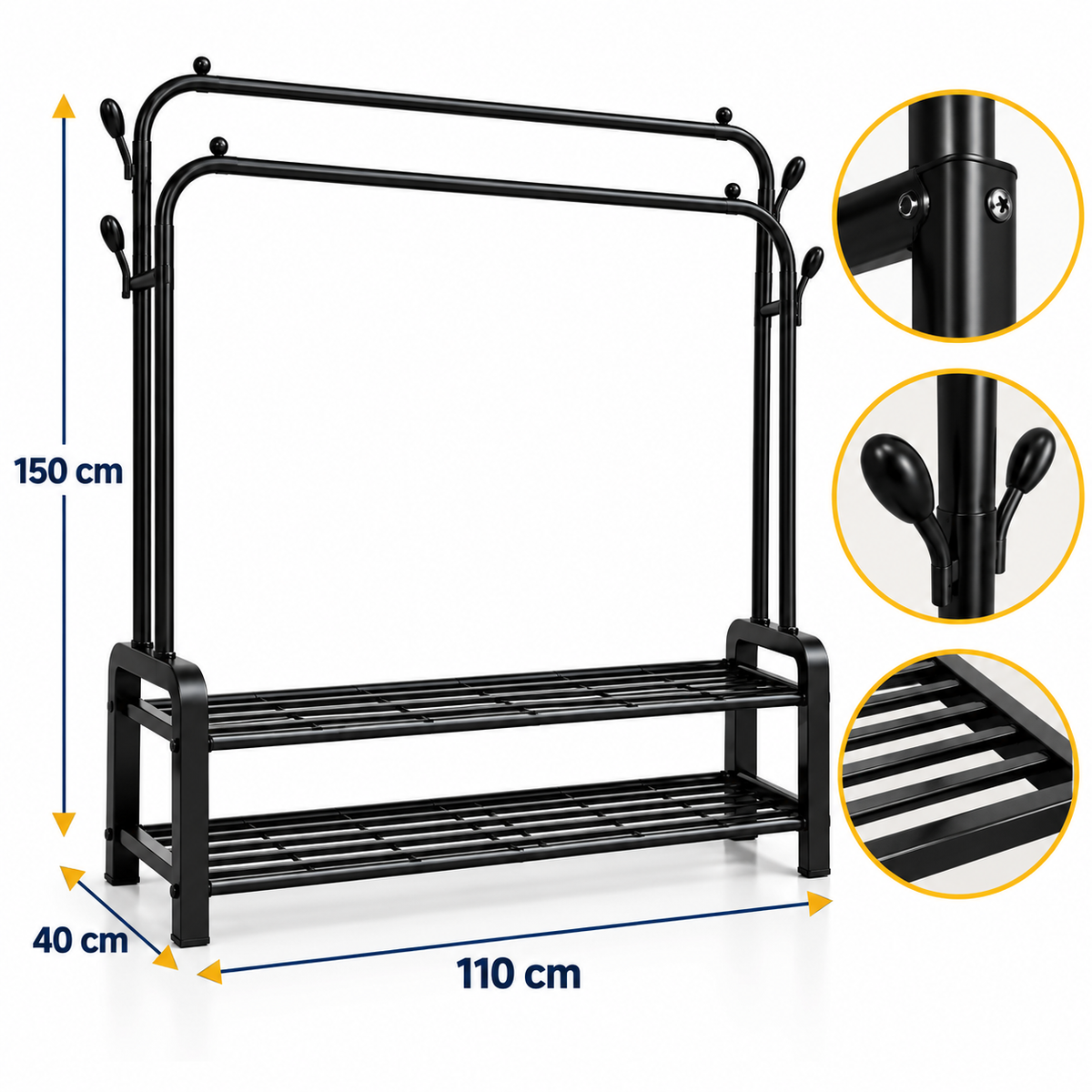 Estante Organizador De Ropa De Acero 3 Niveles - Negro