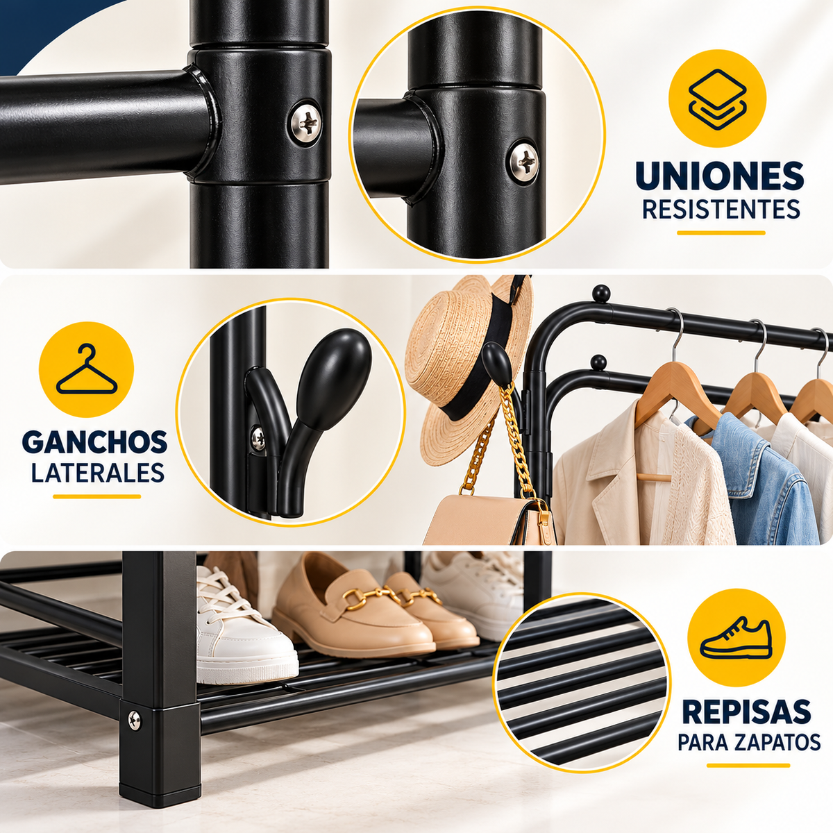 Estante Organizador De Ropa De Acero 3 Niveles - Negro