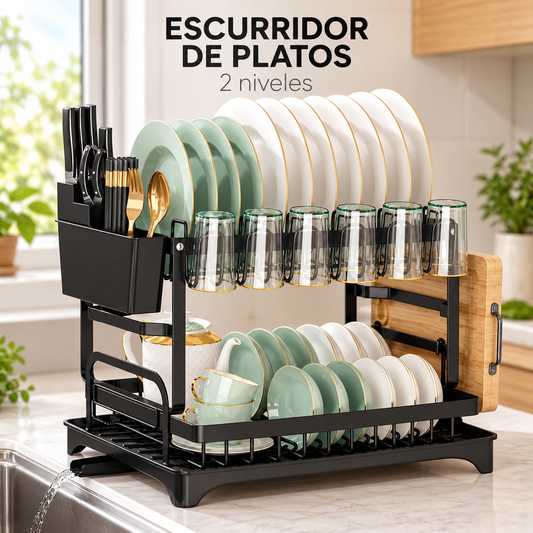 Escurridor de Platos 2 Niveles de Acero con Drenaje y Porta Vasos – Negro